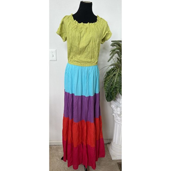 NWT New York & Company Womens Fit Flare Dress Multicolor Color Block Maxi XL - Picture 1 of 5